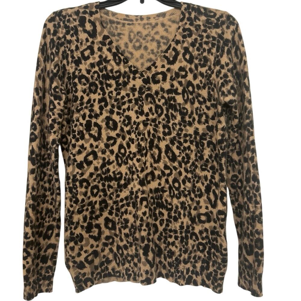 100% Cashmere Leopard Print V Neck Sweater Animal Print Medium Quiet Luxury